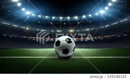 Close-up of Ball in the Stadium with National Flags : 2026 Tournament Concept. Close-up of Ball in the Stadium with National Flags : 2026 Tournament Concept. 139198182
