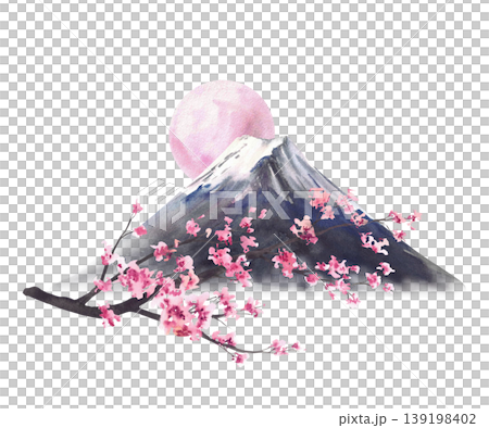 Watercolor Mount Fuji with Cherry blossom sakura tree branch and pink sun or moon. Peaceful Japanese landscape. Hand drawn isolated illustration. Asian landmark for travel booklet, post card print. Watercolor Mount Fuji with Cherry blossom sakura tree branch and pink sun or moon. Peaceful Japanese landscape. Hand drawn isolated illustration. Asian landmark for travel booklet, post card print. 139198402