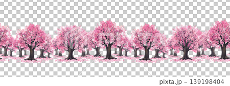 Watercolor pink cherry blossoms trees seamless border. Blooming spring sakura with pink flowers and falling petals. Hand drawn traditional Asian landscape wallpaper. Illustration isolated on white. Watercolor pink cherry blossoms trees seamless border. Blooming spring sakura with pink flowers and falling petals. Hand drawn traditional Asian landscape wallpaper. Illustration isolated on white. 139198404