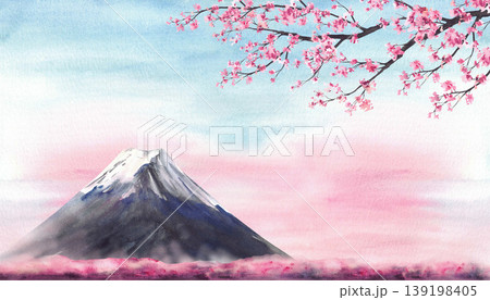 Watercolor Mount Fuji landscape with cherry blossom branch and sunset or sunrise sky. Hand drawn Japan Landmark misty spring blooming sakura tree. Isolated illustration for travel post card, wallpaper 139198405
