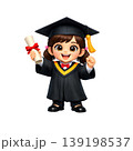 Adorable cartoon girl in a graduation cap and gown proudly holding her diploma. A cheerful representation of academic success and future achievements for young students. 139198537