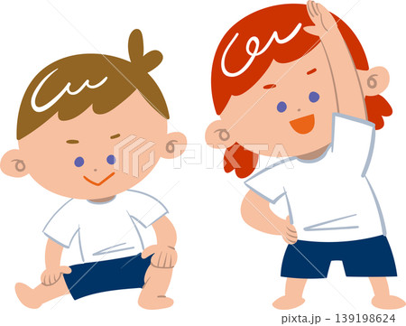伸脚ストレッチをする男の子と体側ストレッチをする女の子 139198624