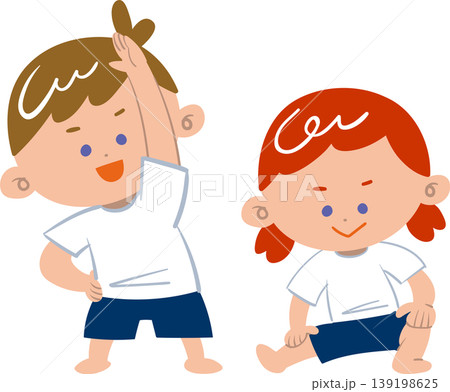 伸脚ストレッチをする女の子と体側ストレッチをする男の子 伸脚ストレッチをする女の子と体側ストレッチをする男の子 139198625