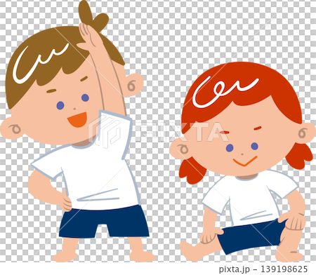 A girl doing leg stretches and a boy doing side stretches. A girl doing leg stretches and a boy doing side stretches. 139198625