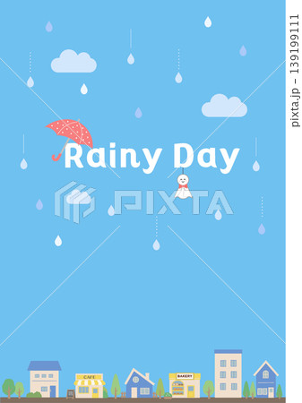 梅雨のバナーイラスト　バナー　雨の背景　梅雨素材　雨素材　天気　紫陽花　雨　傘　カエル　 139199111