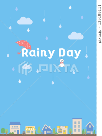 梅雨のバナーイラスト　バナー　雨の背景　梅雨素材　雨素材　天気　紫陽花　雨　傘　カエル　 139199111