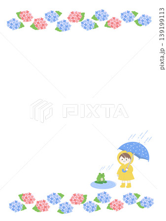 梅雨のバナーイラスト　バナー　雨の背景　梅雨素材　雨素材　天気　紫陽花　雨　傘　カエル　 139199113