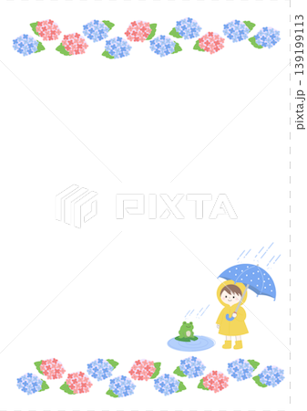梅雨のバナーイラスト　バナー　雨の背景　梅雨素材　雨素材　天気　紫陽花　雨　傘　カエル　 139199113