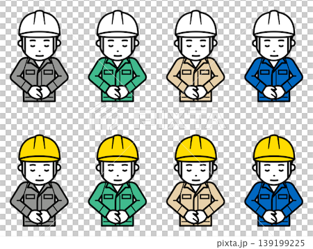 頭を下げるヘルメットと作業服を着用した男性のアイコン。その2 139199225