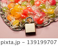 Candies secured with chain and padlock symbolizing restriction 139199707