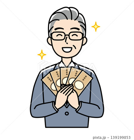 笑顔でお金をもつスーツのベテラン男性のイラスト 笑顔でお金をもつスーツのベテラン男性のイラスト 139199853