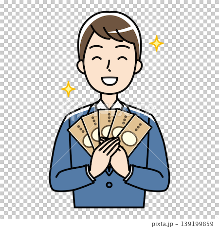 Illustration of a young man in a suit holding money with a smile. Illustration of a young man in a suit holding money with a smile. 139199859