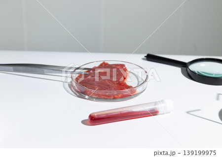 Petri dish with lab grown steak sample examined by magnifying glass. Artificial meat cultivation in vitro for sustainable protein production. Biotechnology concept for future food security. Petri dish with lab grown steak sample examined by magnifying glass. Artificial meat cultivation in vitro for sustainable protein production. Biotechnology concept for future food security. 139199975