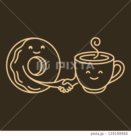 Cute Donut and Coffee Cup Handshake - Minimalist Line Art Illustration Cute Donut and Coffee Cup Handshake - Minimalist Line Art Illustration 139199988
