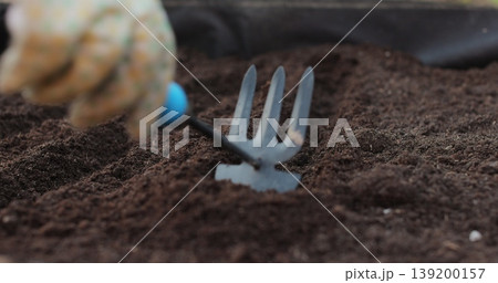Farmer woman loosens soil with rake. Tillage, plant care, sowing. Agricultural concept. Young woman working in vegetable garden. Farmer woman loosens soil with rake. Tillage, plant care, sowing. Agricultural concept. Young woman working in vegetable garden. 139200157