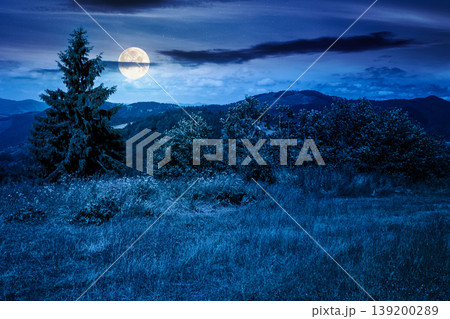 mountainous countryside landscape in summer at night. full moon over grassy field on a hillside. view of a forested mountain ridge in the distance. mysterious weather with cloudy sky 139200289