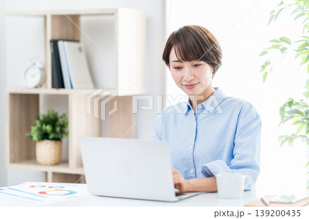 リビングでテレワークをするミドル女性。 リビングでテレワークをするミドル女性。 139200435