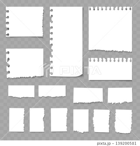 Realistic White Torn Paper Pieces Set. Vector Blank Ripped Edge Strips and Notes with Shadows. 139200581