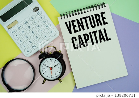 Venture Capital text with calculator, alarm clock and magnifying glass 139200711