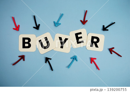 word "BUYER" on cards with colorful arrows pointing toward it, highlighting the concept of business word "BUYER" on cards with colorful arrows pointing toward it, highlighting the concept of business 139200755