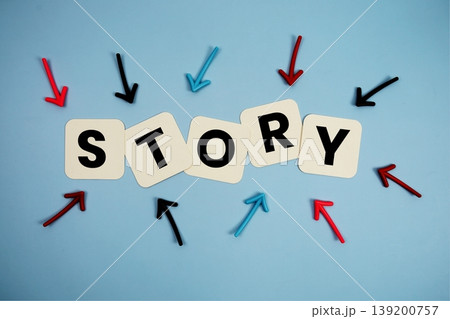 word "STORY" on cards with colorful arrows pointing toward it, highlighting the concept of communication word "STORY" on cards with colorful arrows pointing toward it, highlighting the concept of communication 139200757