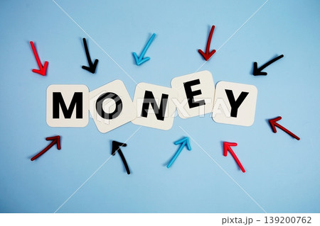 word "MONEY" on cards with colorful arrows pointing toward it, highlighting the concept of finance 139200762