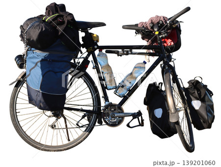 Touring bicycle loaded with gear for a long journey 139201060