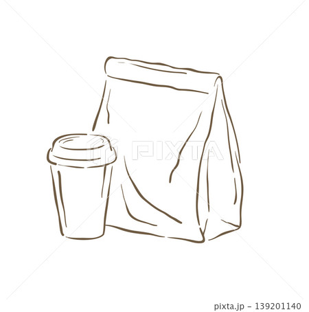 Morning Coffee To Go And Breakfast Pastry Bag Vector Graphic Illustration 139201140