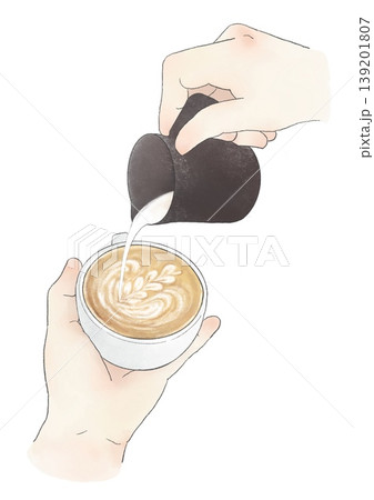ラテアートを作るバリスタの手元　ミルクピッチャー　カフェラテ 139201807