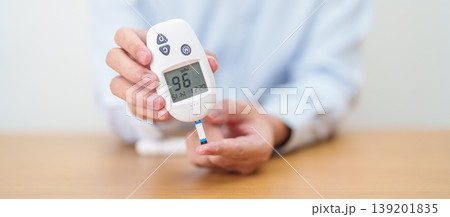 Hand checking Diabetes or Blood glucose self testing by digital blood glucose meter with lancet pen. high blood sugar level, World Diabetes Day, Glycemia, Hypoglycemia, Hyperglycemia and insulin 139201835