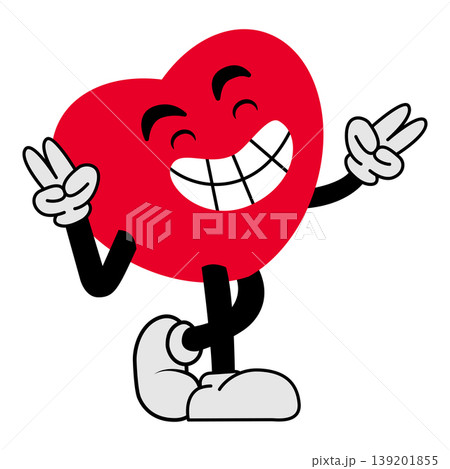 Retro cartoon heart character mascot. Retro cartoon heart character with V fingers. Cheerful cartoon heart character with a wide smile. Vector illustration for a social media, shopping, sale, or Retro cartoon heart character mascot. Retro cartoon heart character with V fingers. Cheerful cartoon heart character with a wide smile. Vector illustration for a social media, shopping, sale, or 139201855