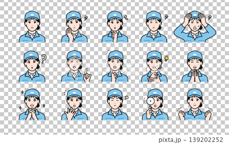 Factory, Manufacturing, Logistics, Transportation, Equipment, Maintenance: Young Female Worker Expression Icon Set 139202252