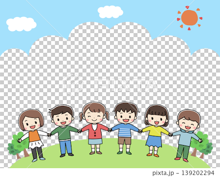 草原で笑顔で手を繋ぐ子供達のフレームイラスト 139202294