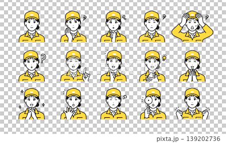 Vector icon illustration set of a female worker in her 20s working in a factory, manufacturing, logistics, transportation, equipment, and maintenance. 139202736