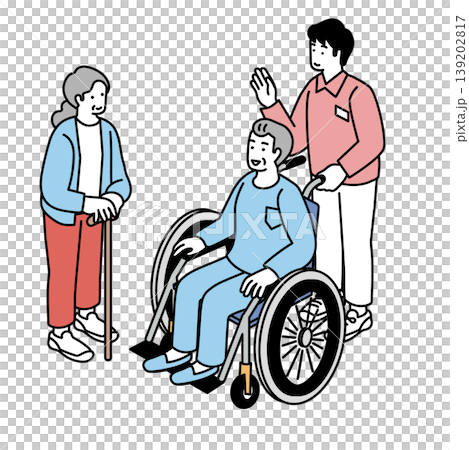 Illustration of an elderly person in a wheelchair and a caregiver. Illustration of an elderly person in a wheelchair and a caregiver. 139202817