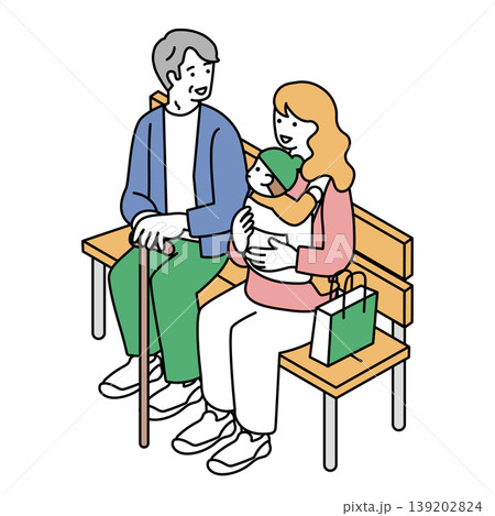 ベンチに座る赤ちゃんと女性とシニア男性のイラスト 139202824