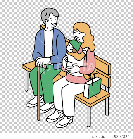 ベンチに座る赤ちゃんと女性とシニア男性のイラスト 139202824
