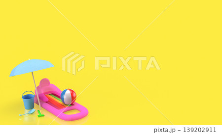 Colorful Summer Vacation Beach Accessories with Inflatable Float and Umbrella 3d render. 139202911