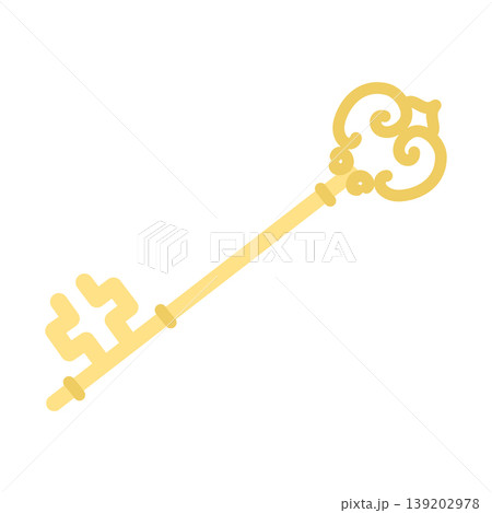 Vintage golden key: vector flat illustration of decorative antique skeleton key isolated on white. Vintage golden key: vector flat illustration of decorative antique skeleton key isolated on white. 139202978