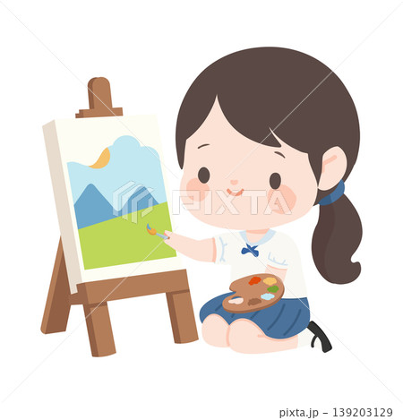 Girl Painting Landscape On Easel Showing Artistic Creativity 139203129