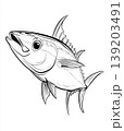 Detailed Black and White Line Art Illustration of a Tuna Fish Isolated on White Background for Seafood Restaurant Menus, Educational Biology Materials, Fishing Logos, and Creative Coloring Book Pages 139203491