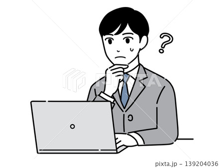 パソコンを見て真剣に考えるスーツ姿の若い男性のイラスト　モノトーン 139204036