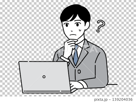 パソコンを見て真剣に考えるスーツ姿の若い男性のイラスト　モノトーン 139204036
