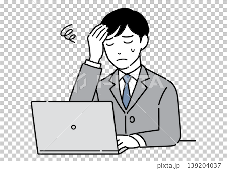 パソコンの前で頭を抱えるスーツ姿の若い男性　会社員 139204037