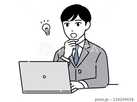 パソコンを見てアイデアをひらめくスーツ姿の若い男性のイラスト　モノトーン 139204038