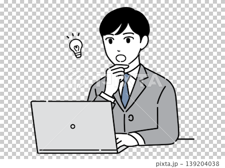 A monochrome illustration of a young man in a suit getting an idea while looking at a computer screen. 139204038