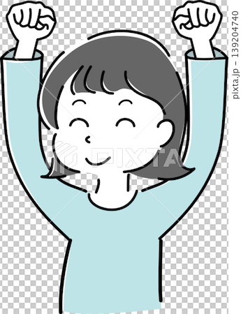 ニッコリ笑いながらガッツポーズをする女性の上半身シンプルイラスト（成功・達成・喜び・人物） 139204740
