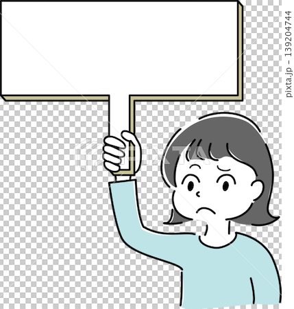 一幅簡單的插圖,描繪了一位表情憂慮的女性手持空白標語牌(訊息、訊息、廣告、人物)。 一幅簡單的插圖,描繪了一位表情憂慮的女性手持空白標語牌(訊息、訊息、廣告、人物)。 139204744
