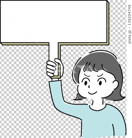 一幅簡單的插圖，描繪了一位神采奕奕的女性手持空白標語牌（用於指示、留言、廣告或作為個人展示）。 139204748