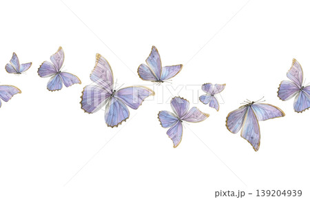 Seamless border of iridescent lilac-blue butterflies in varied sizes and flight poses. Hand-painted watercolor illustration on white background. Ideal for textiles, packaging, stationery 139204939